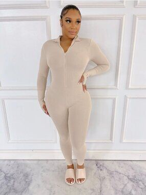 Women's Beige Lucky Label Ribbed Knit Zip Thumbhole Collared Catsuit Jumpsuit